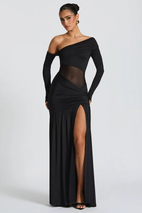 Slim Fit Round Neck Ruched Sheer Bodycon Formal Dress