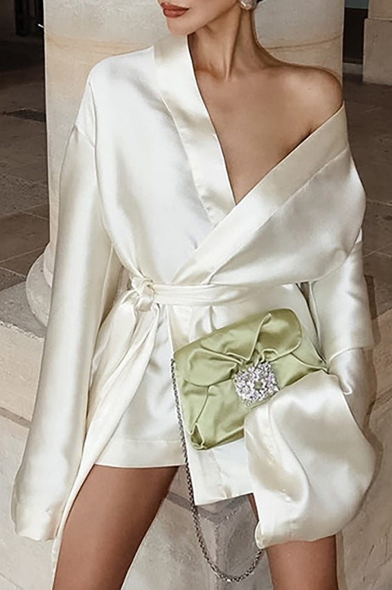 Elegant Satin Long Sleeve V Neck Tie  Cocktail Dress Secondary image