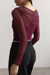 Solid Mesh Ruched  Long Sleeve Crop Top