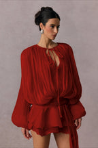 Chiffon Tie Neck Long Sleeve Ruffle Mini Dress