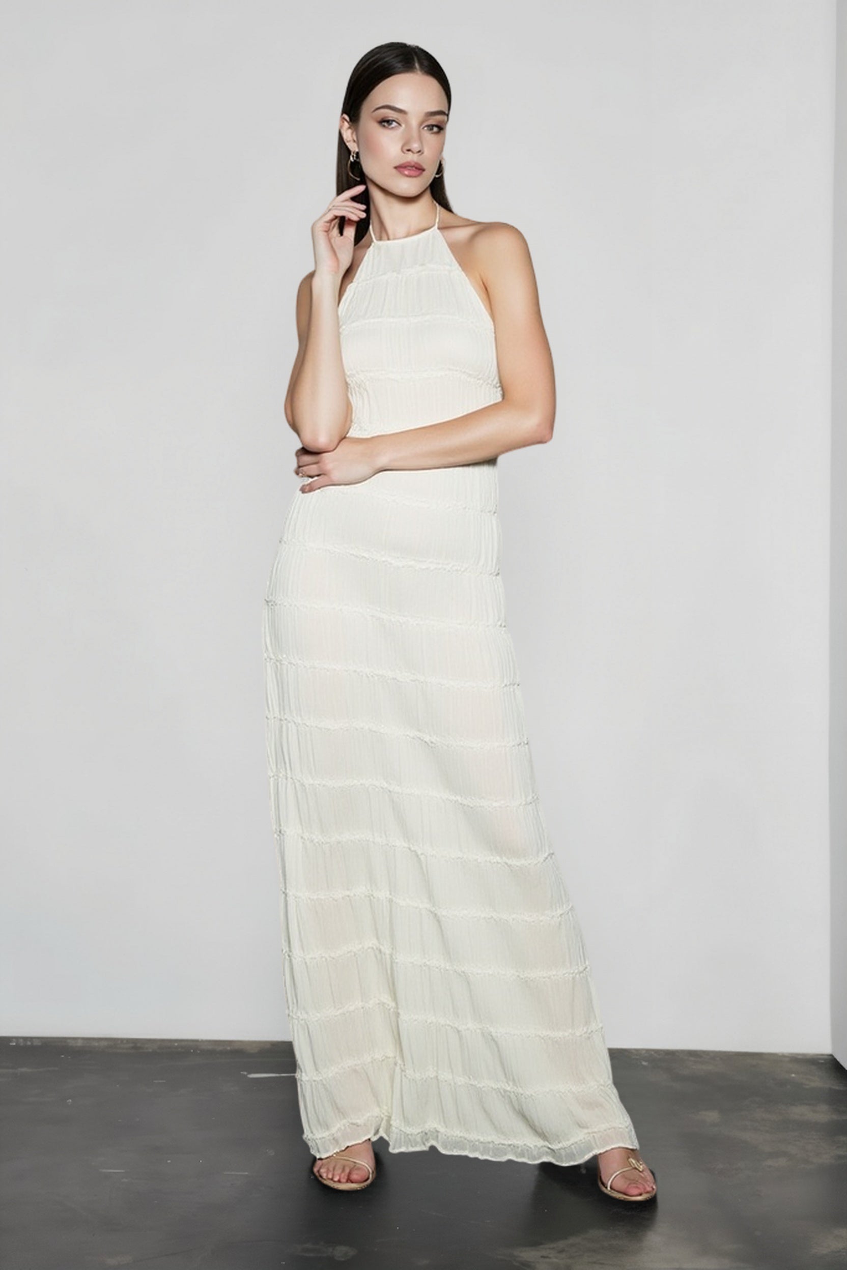 Open Back Ruched Stripe Tie Ruffle Maxi Vacation Dress Main image