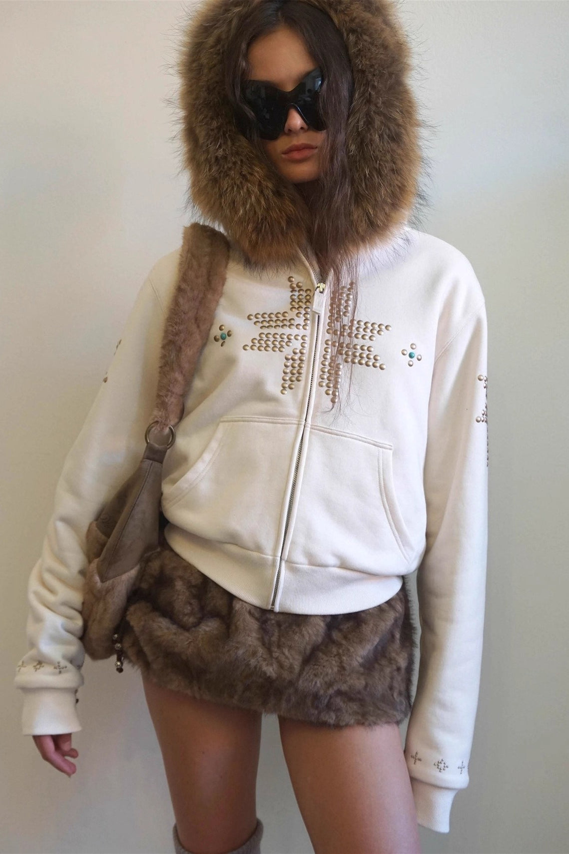 Rhinestone Cross Fur Trim Zip Hoodie Main image