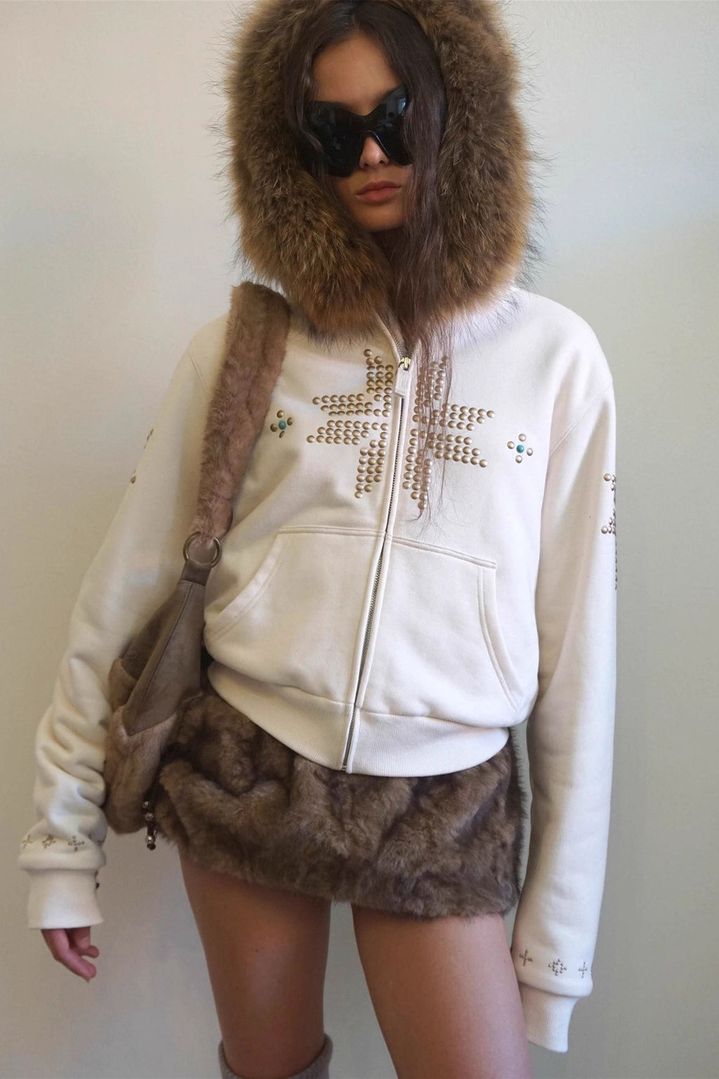 Rhinestone Cross Fur Trim Zip Hoodie