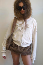 Rhinestone Cross Fur Trim Zip Hoodie