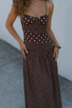 Retro Polka Dot Patchwork Halter Ruched Maxi Dress