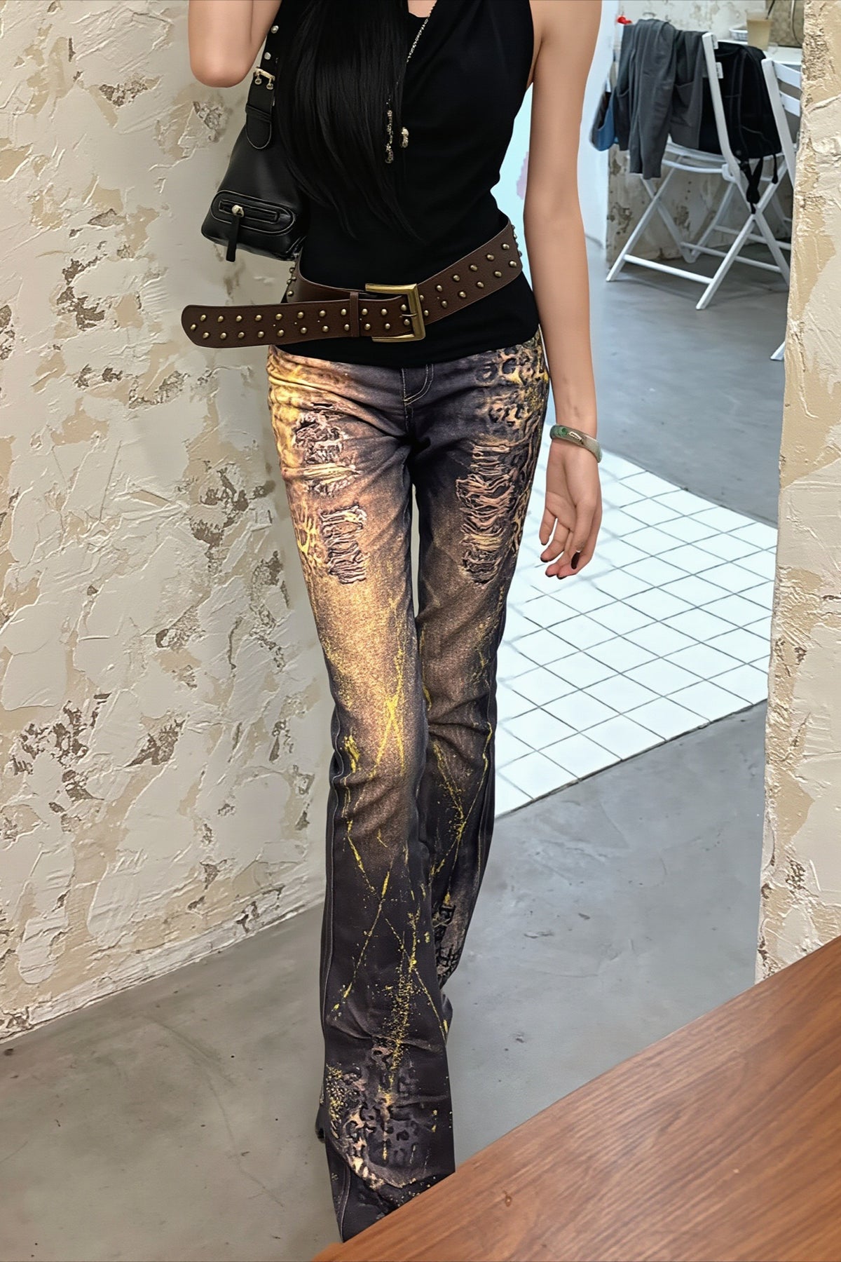 Washed Distressed Foil Print Slim Flare Jeans Main image