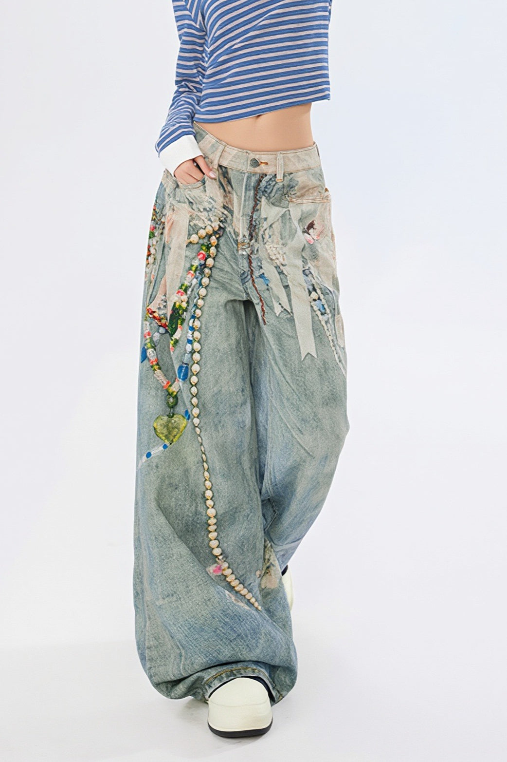 Chain Detail Splatter Print Wide Leg Jeans
