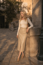 Faux Leather Piping Sit Midi Skirt