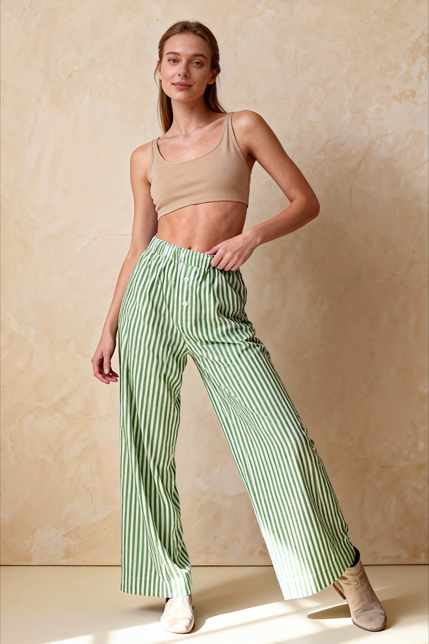 Retro Striped Button High Waist Straight Pant Main image