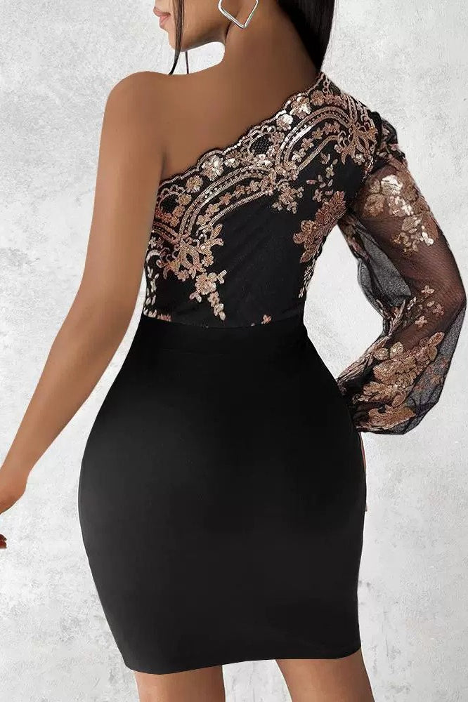 Sequin Patchwork One Shoulder Long Sleeve Bodycon Cocktail Dress Secondary image