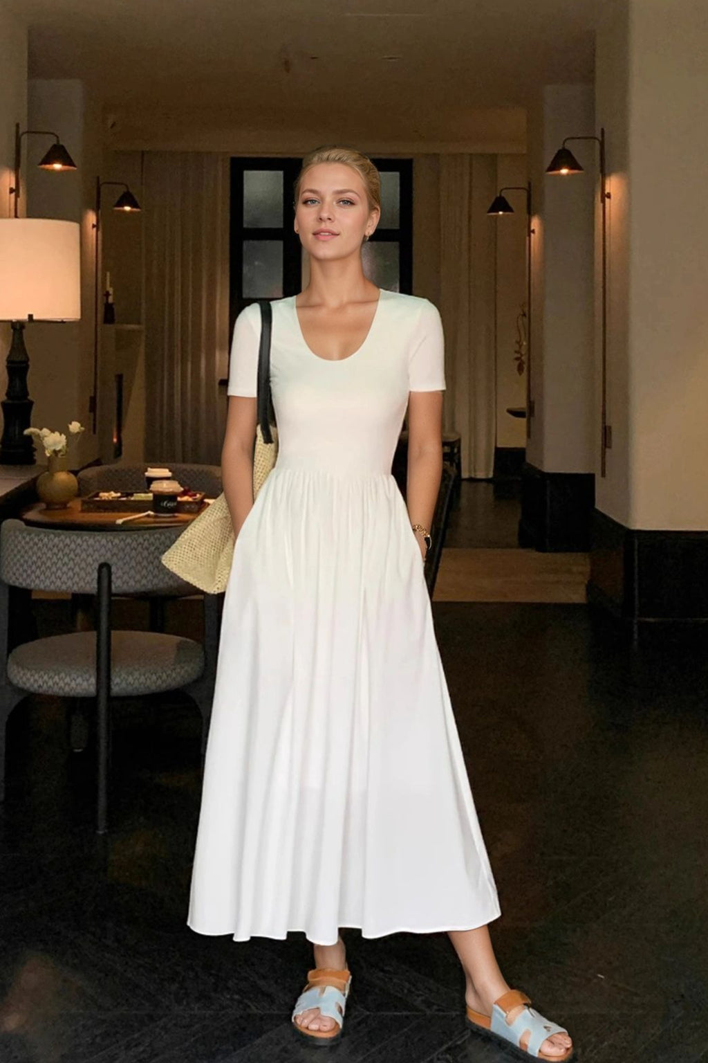Ruched U Neck A Line Midi Dress