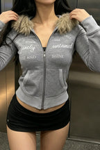 Faux Fur Trim Slogan Fitted Zip Hoodie