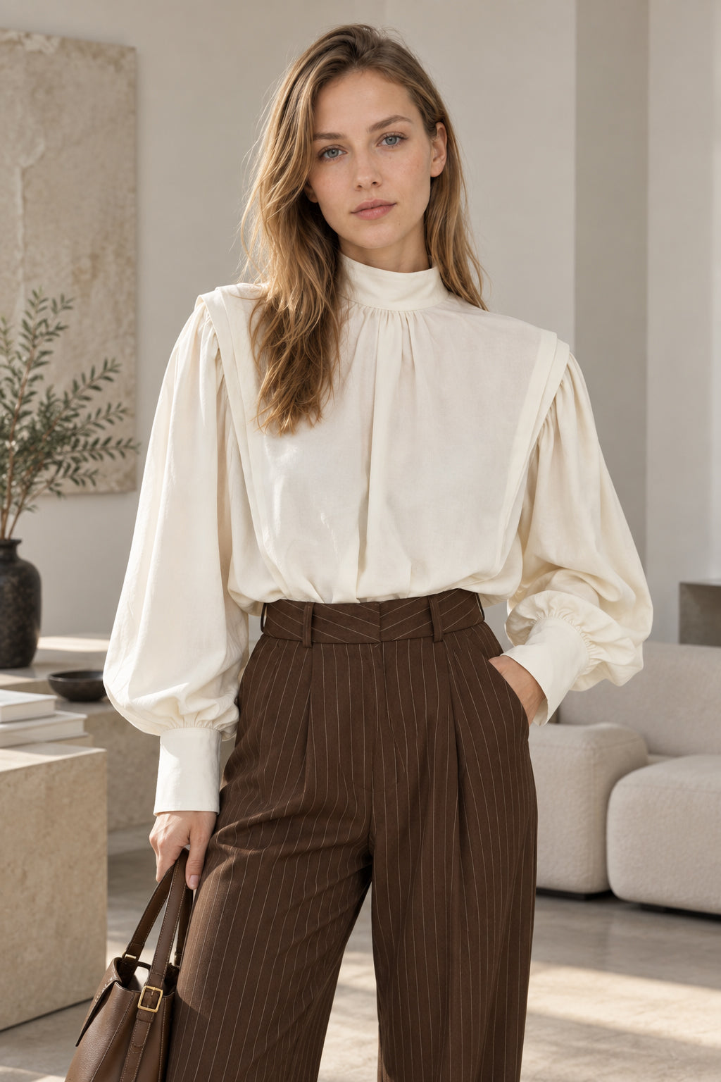 Elegant Blouse Black Sleeves Blouse Lantern Oversized and Vintage with Up Button Women's Detail