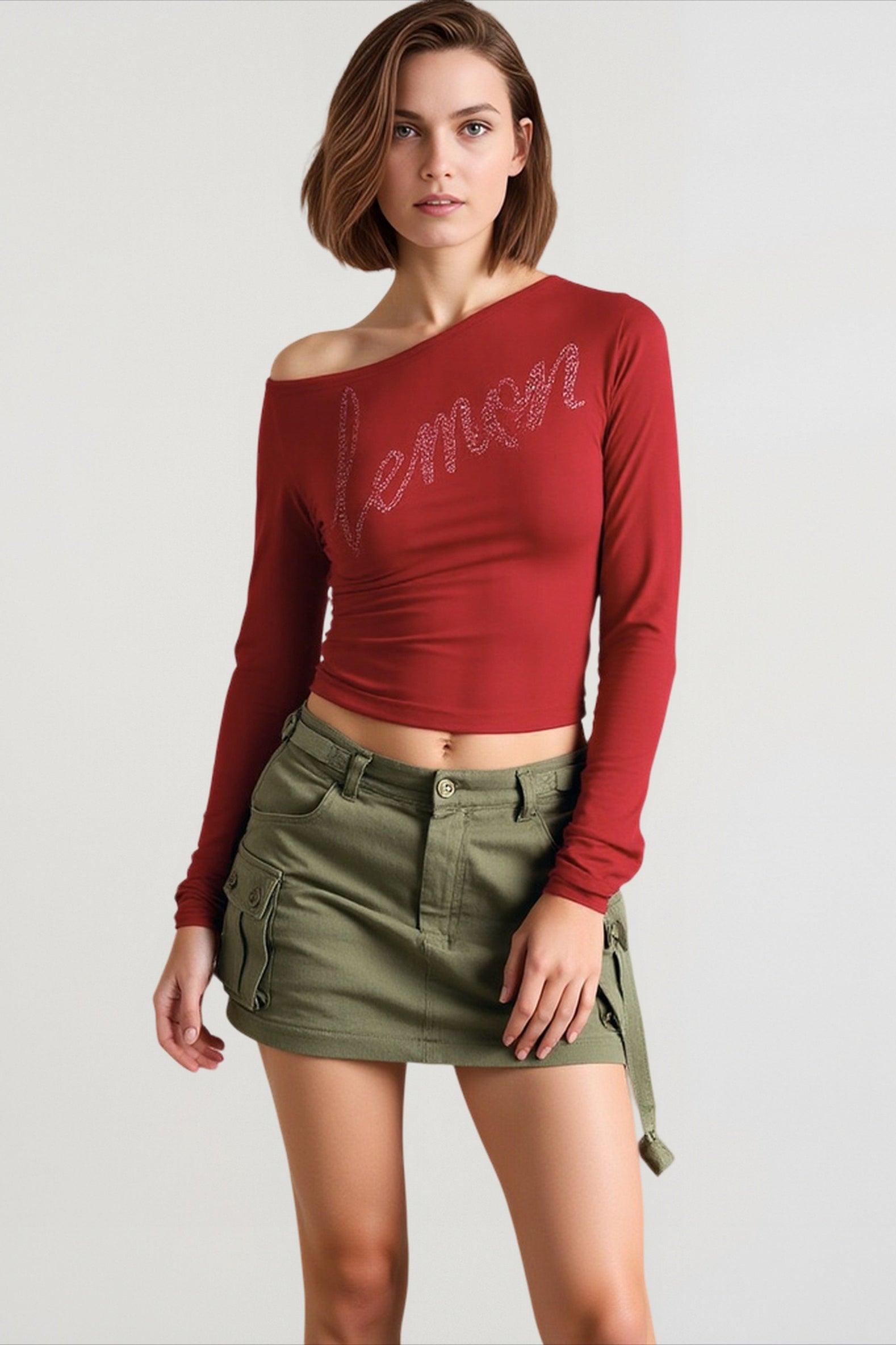Off Shoulder Rhinestone Fitted T-shirts Main image