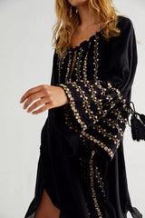 Bohemian Floral Embroidered Black Cotton Flare Boho Dress