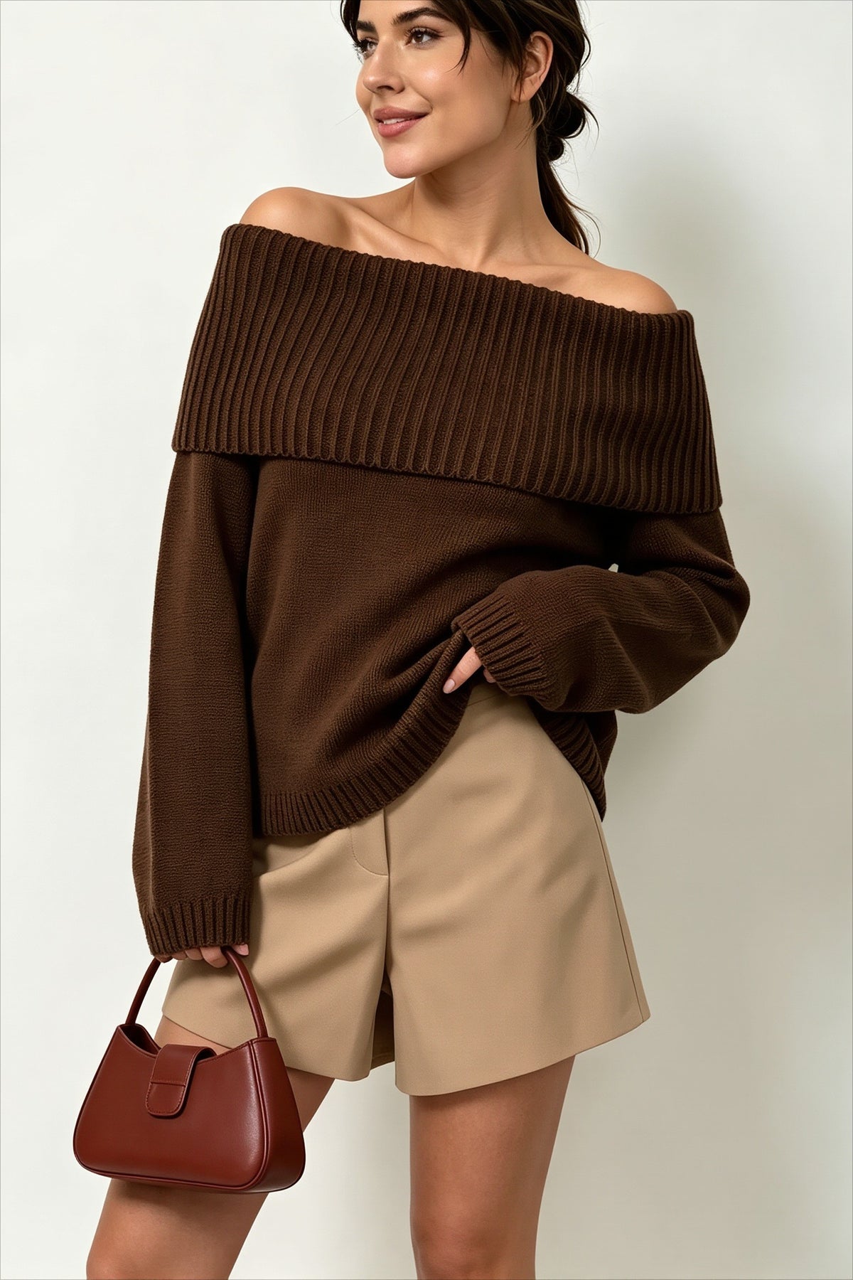 Foldover Off Shoulder Relaxed Pullover Knit Sweater Main image