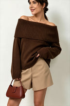 Foldover Off Shoulder Relaxed Pullover Knit Sweater