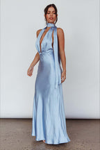 Solid Deep V Halter Backless Fitted Dress