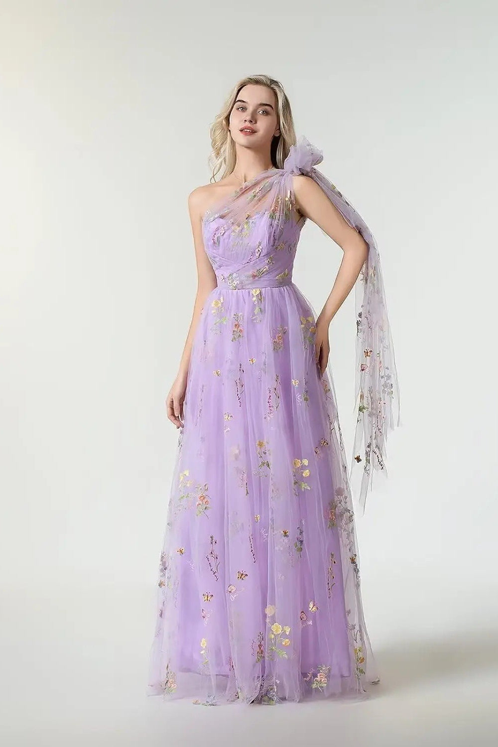 Metallic Gold Purple One Shoulder Maxi Prom Dress Main image