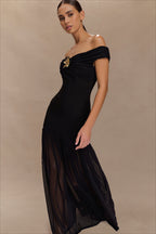 Floral Brooch Off Shoulder Mesh Maxi Dress