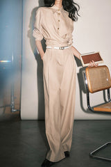 Tailored Twill Asymmetrical Cut Blouse Pants Two Piece Set