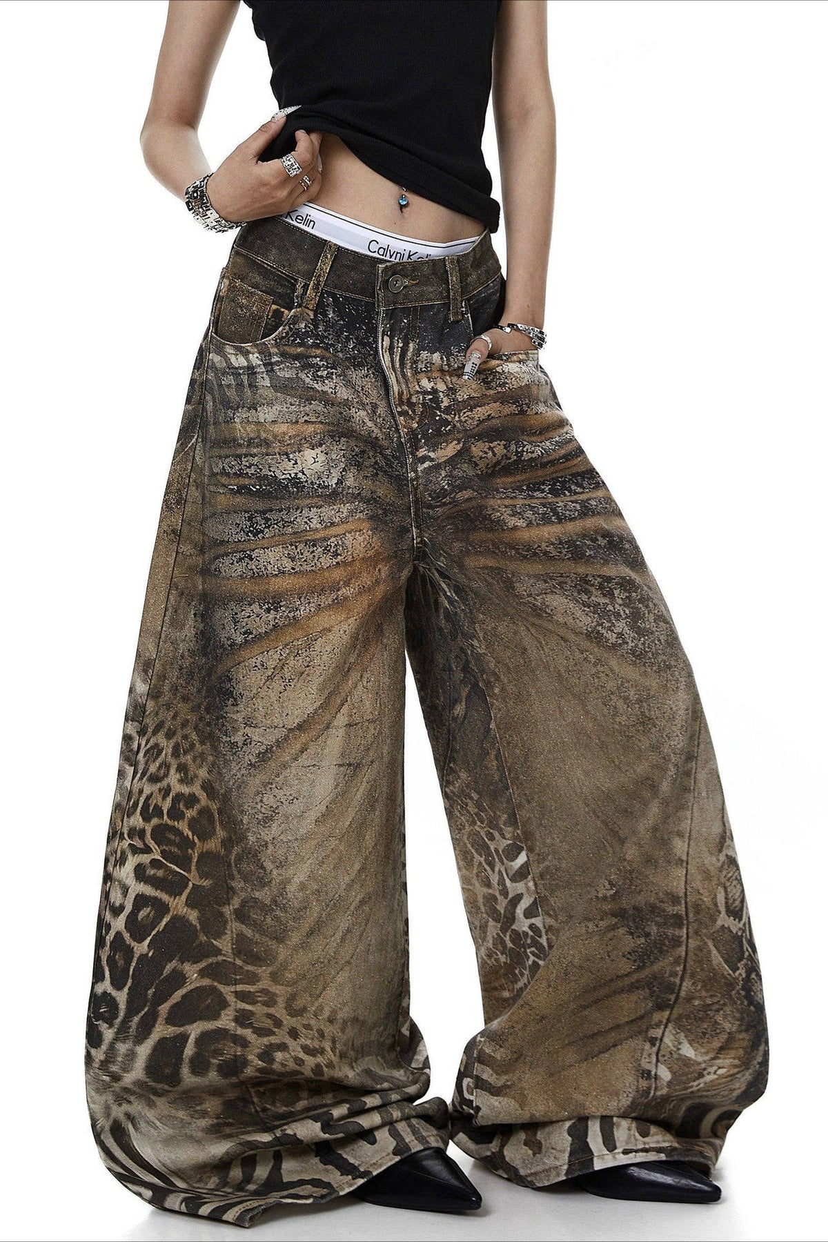 Leopard 3D Print Barrel Leg Jeans Main image
