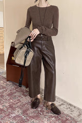 Vintage Eco Leather Matte Textured Wide Leg Structured Pants