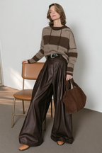 Vintage Brown Fleece Lined PU Pleated Wide Leg Pants