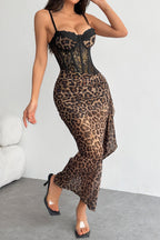 Lace Leopard Spaghetti Wrap Slim Lace Dress