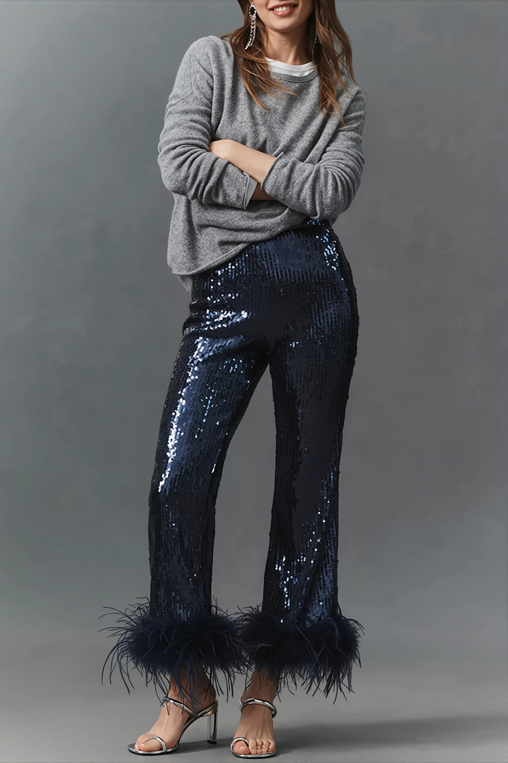 Sequin Feather Trim Flare Leg Pants