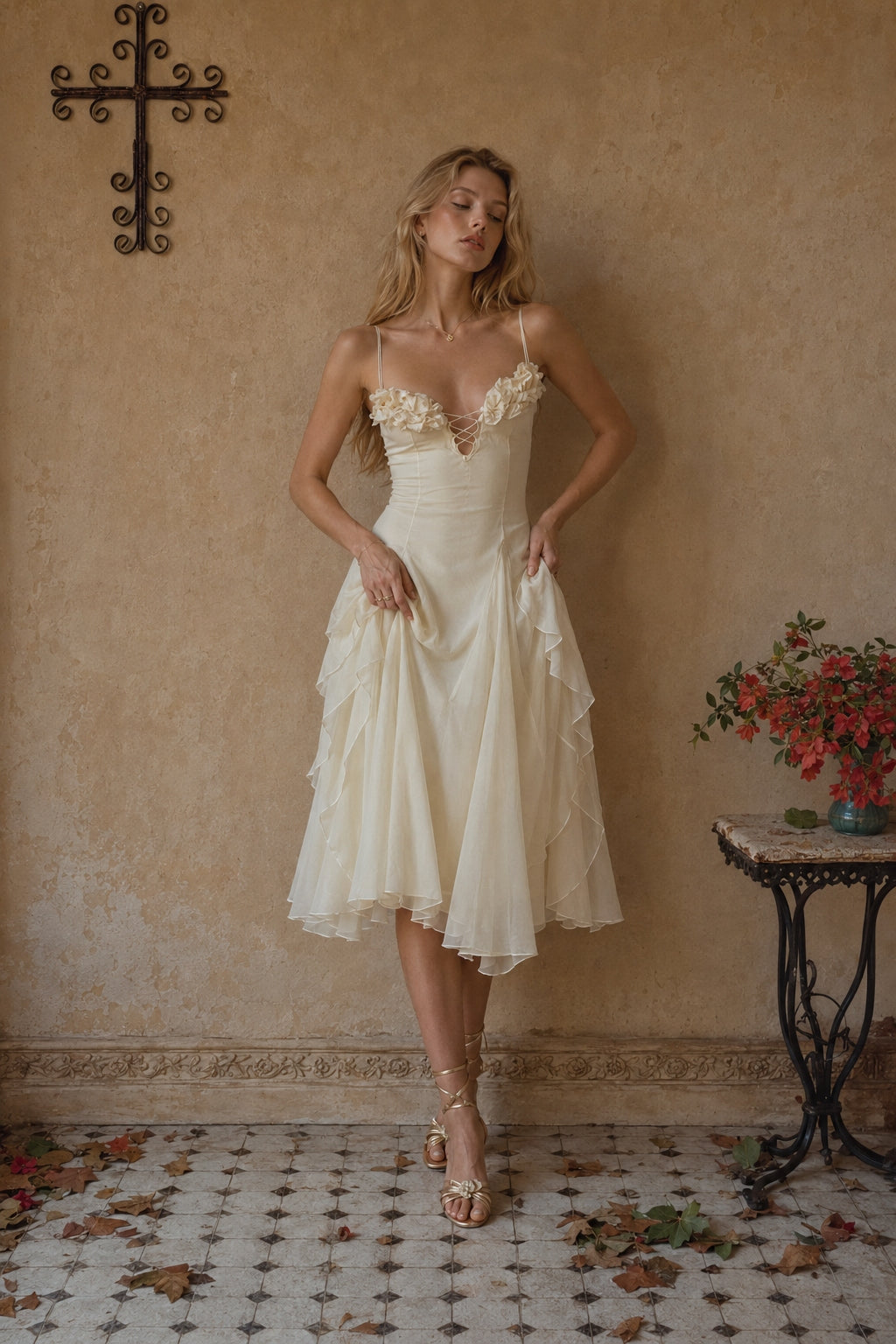 Sculpted Flower Plunge Midi Slip Dress Main image