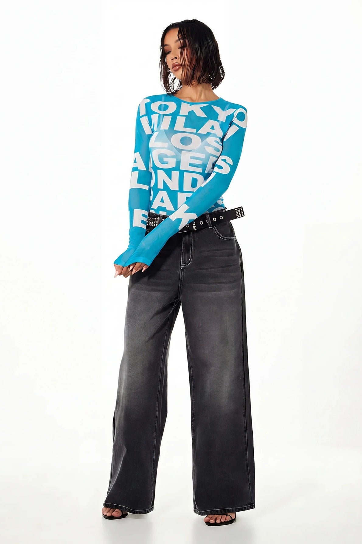Oversized Letter Print Mesh Long Sleeve T-Shirt