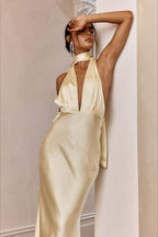 Solid Deep V Halter Backless Fitted Dress