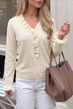 Ruffle Trim V Neck Button Placket Sweater