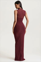 High Neck Mesh Panel Ruched Party Dress