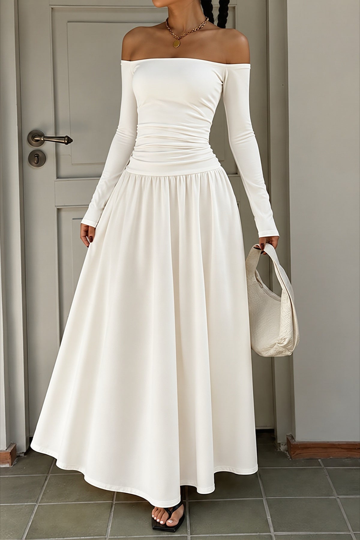 Off Shoulder Ruched Full Skirt Maxi Dress