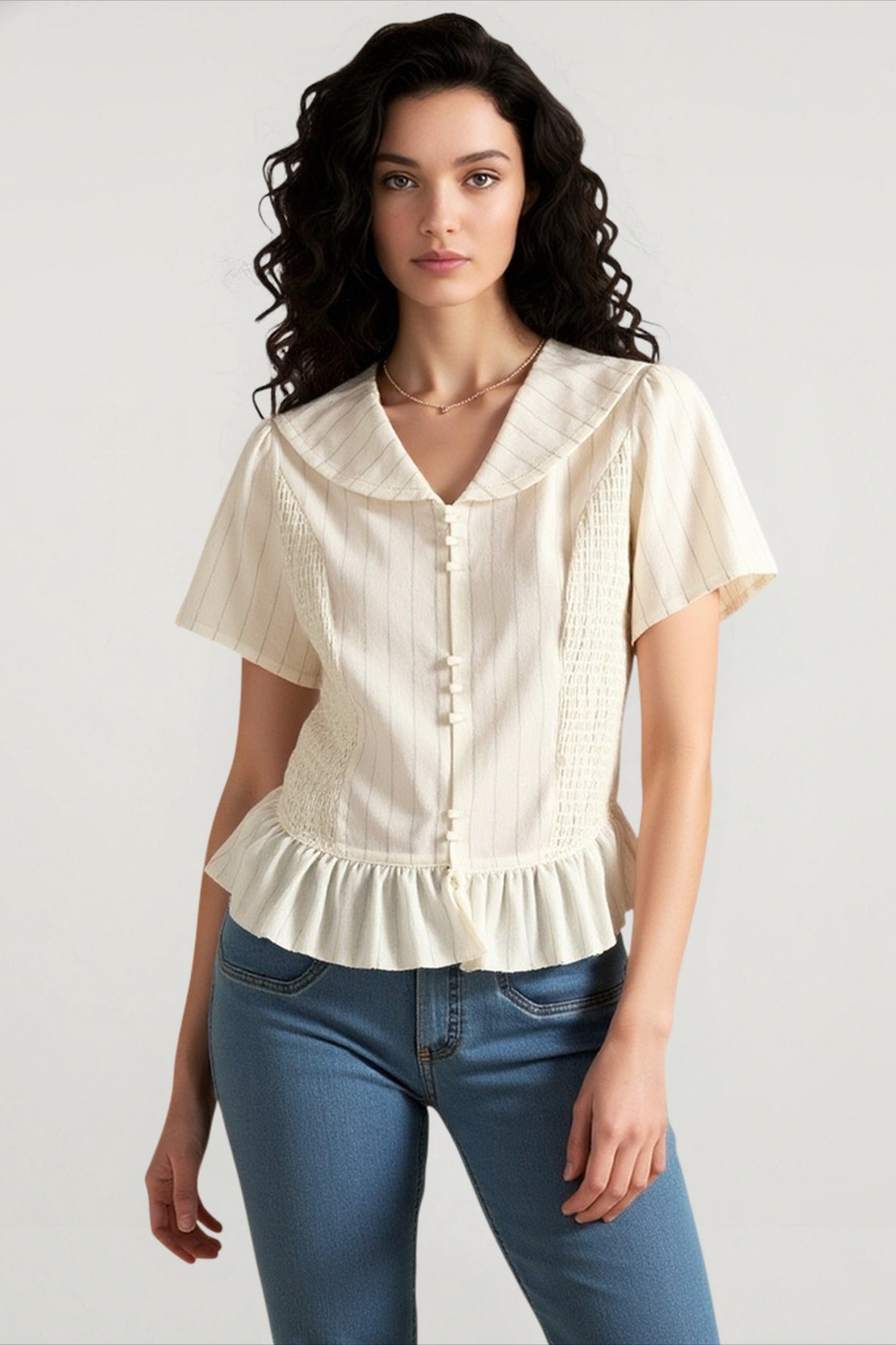 Linen Stripe V Neck Tie Waist Blouse Main image