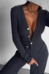 Button Cardigan Pants Casual Two Piece Set