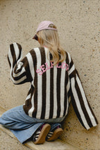 Vertical Stripe Contrast Neck Relaxed Knit Sweater