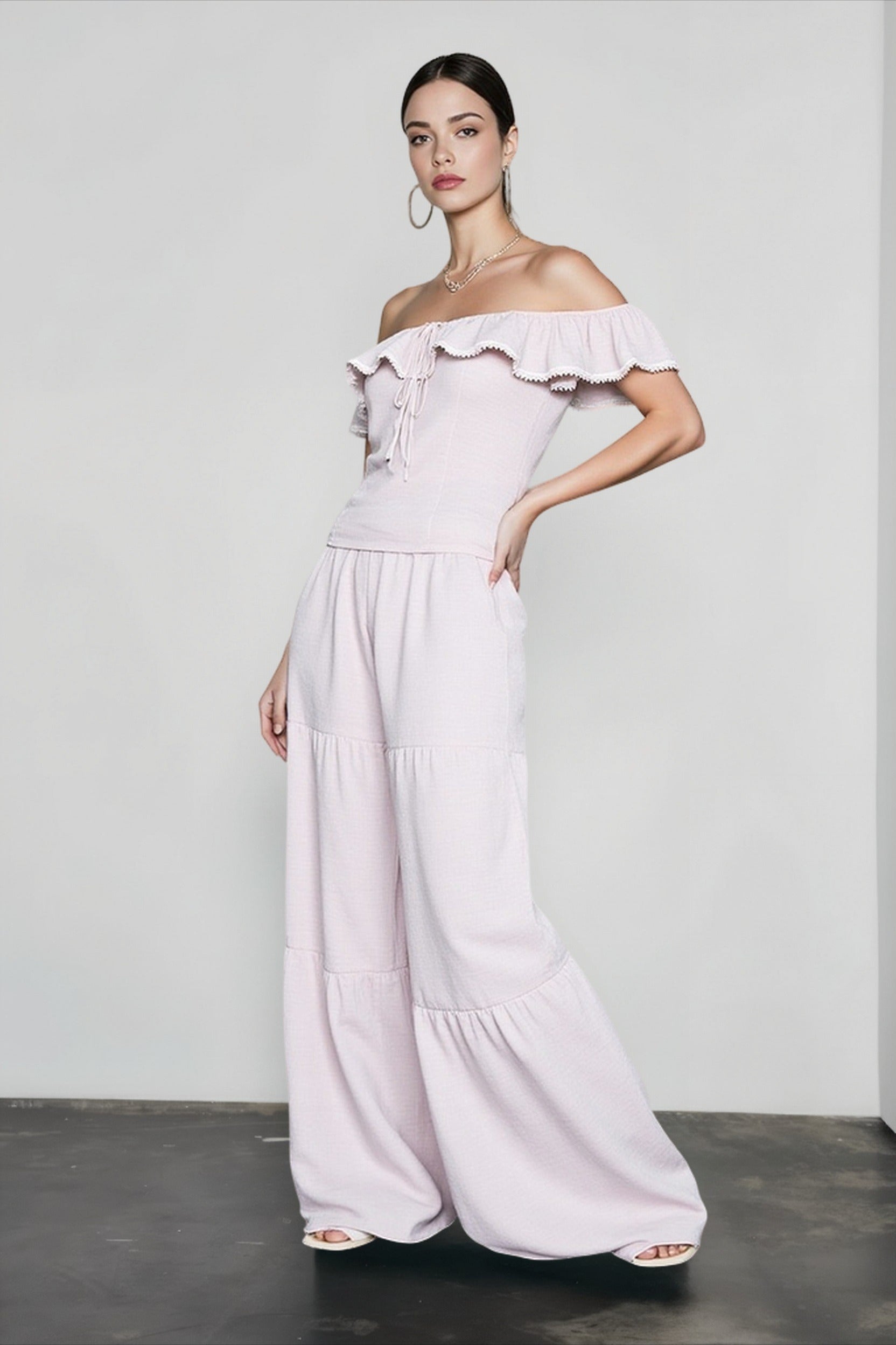 Ruffle Off Shoulder Top Pants Vacation Set Main image