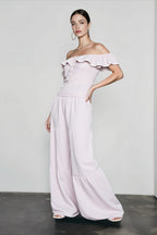 Ruffle Off Shoulder Top Pants Vacation Set