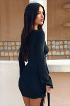 Square Neck Tie Front Bell Sleeve Ruched Mini Dress