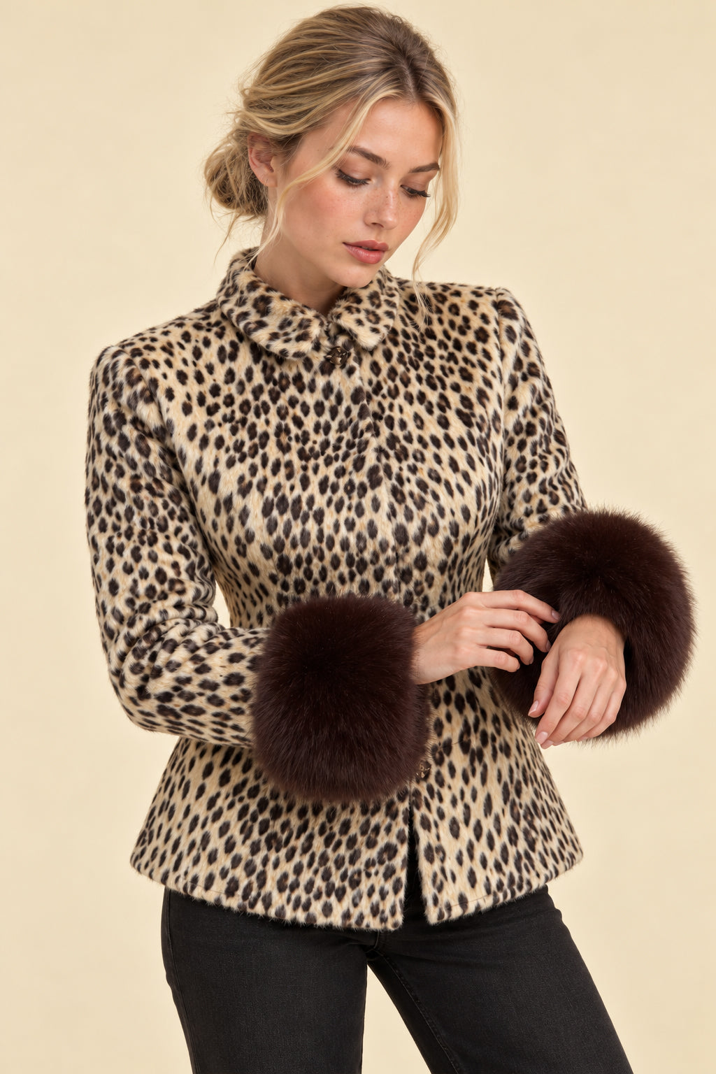 Fur Cuff Animal Print Fitted Coat