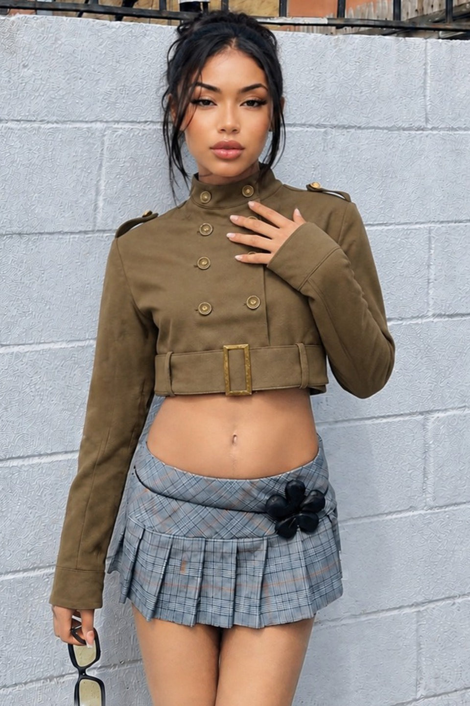 Double Breasted Belted Cropped Military Jacket