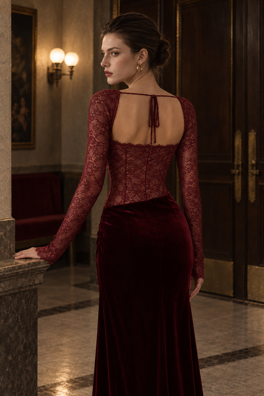Lace Panel High Slit Long Sleeve Maxi Lace Dress