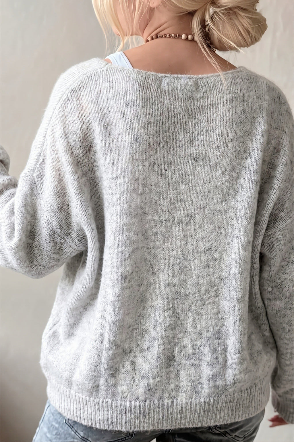 Fuzzy V Neck Relaxed Solid Knit Sweater