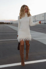 Loose Fit Fringe Turtleneck Sweater