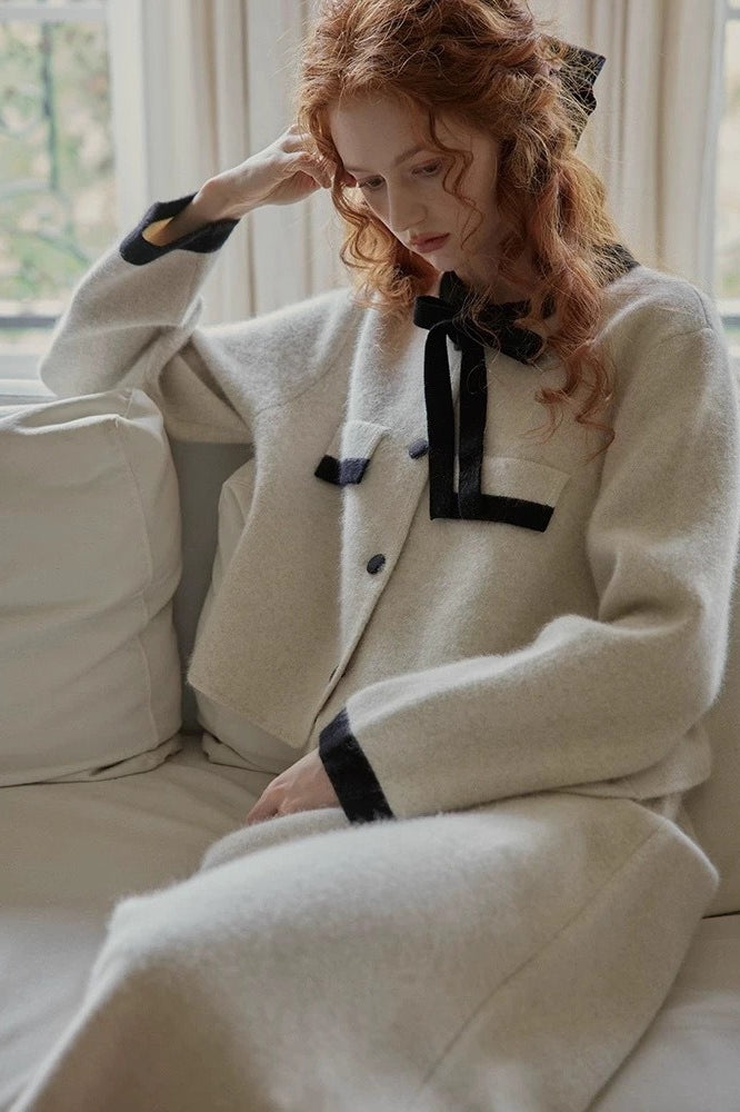 Pastel Color Block Bow Sweater Tweed Suit Set Main image