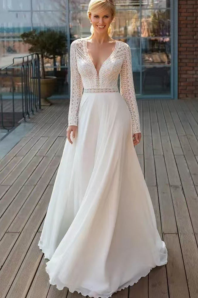 Long Sleeve Lace Train Wedding Dress Main image