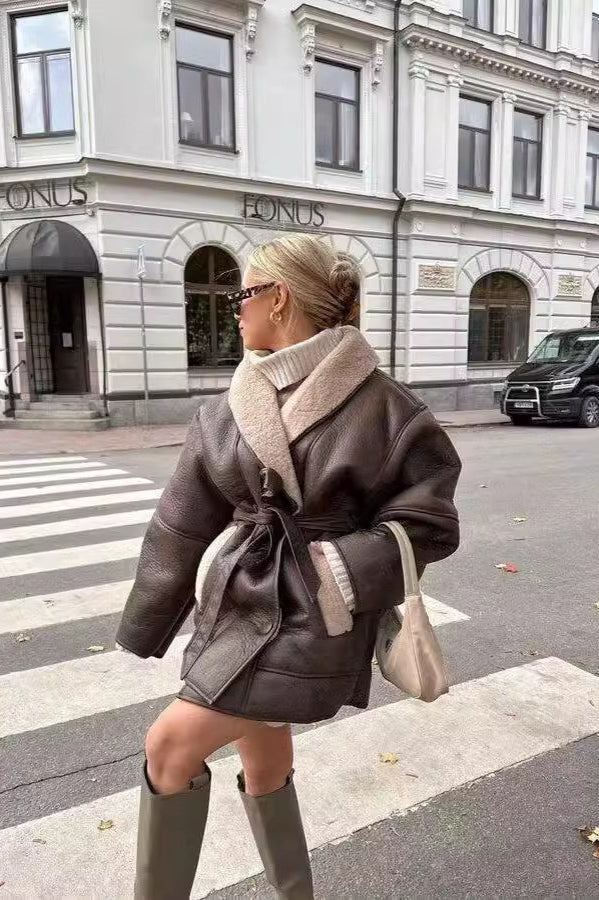 Tie Waist Padded Faux Leather Coat Main image